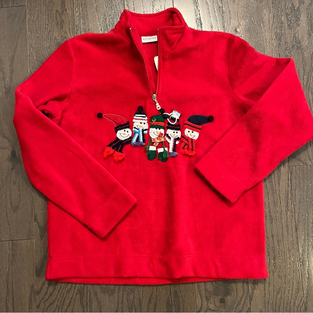 NWT Red Fleece Christmas Snowmen Pull Over Half Zip Women Size Medium White Stag